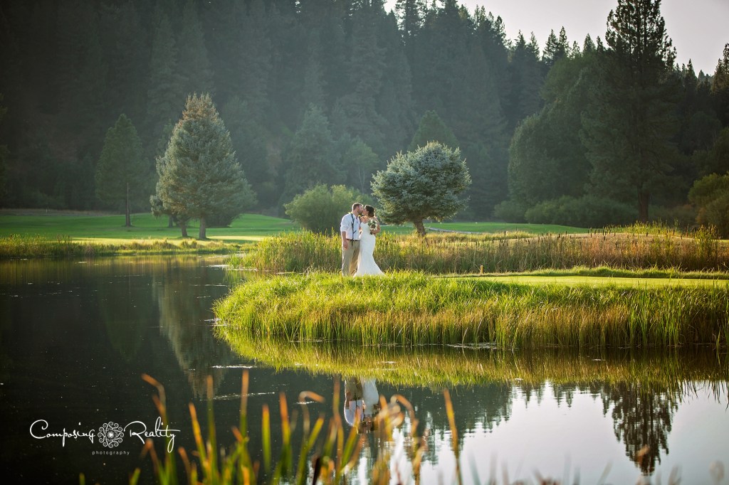 bride and groom on golf course